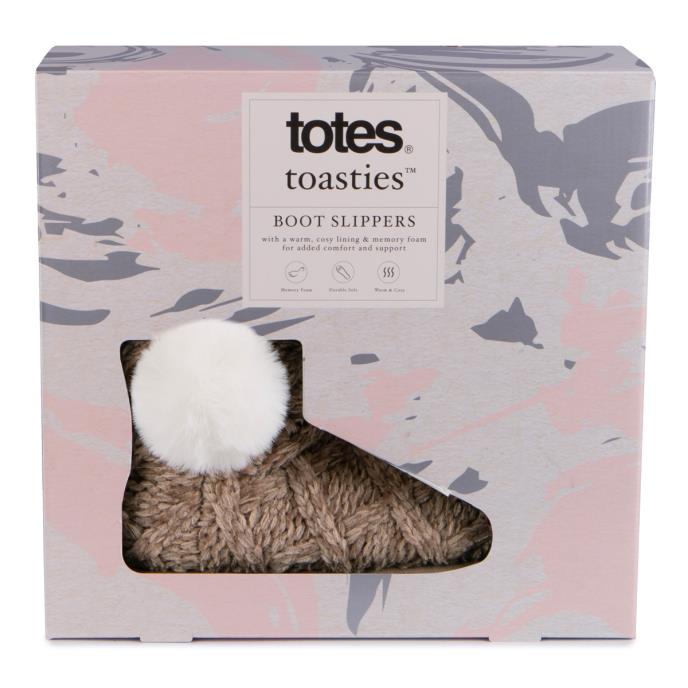 totes toasties® Ladies Cable Knit Boot Slippers With Pom Pom Brown Extra Image 7